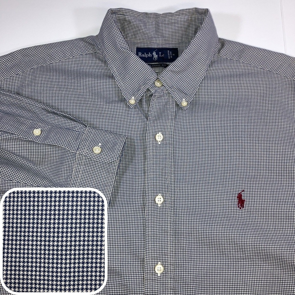 Polo Ralph Lauren Shirt Mens XL 17.5 Houndstooth Navy White L/S Button Down Flaw